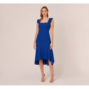 Adrianna Papell Women's Size 10 Blue Crepe Satin Ruffled Square Neck Midi Dress